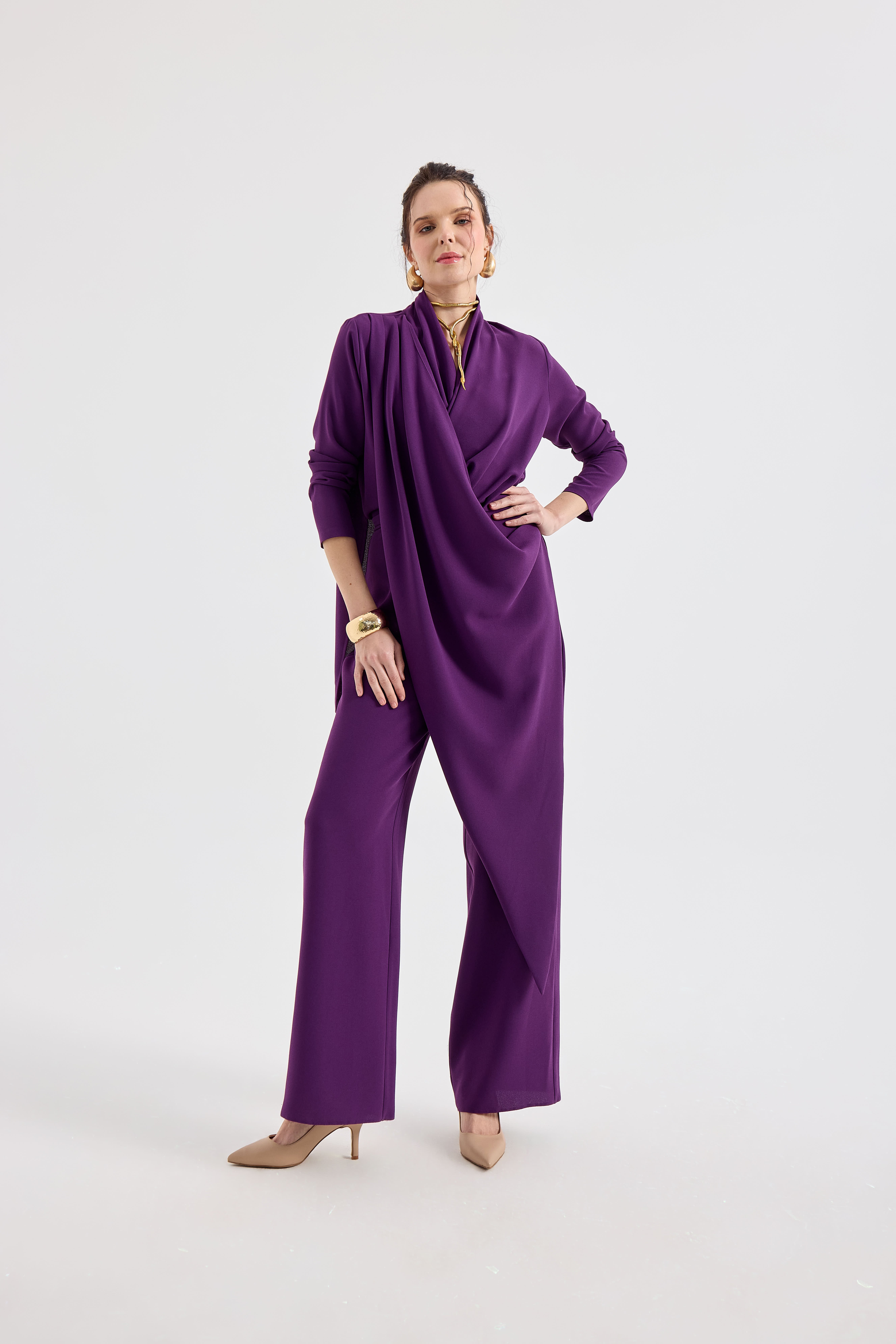 ANVELOP BAĞLAMA DETAYLI ŞAL YAKA TULUM 44 - MOR