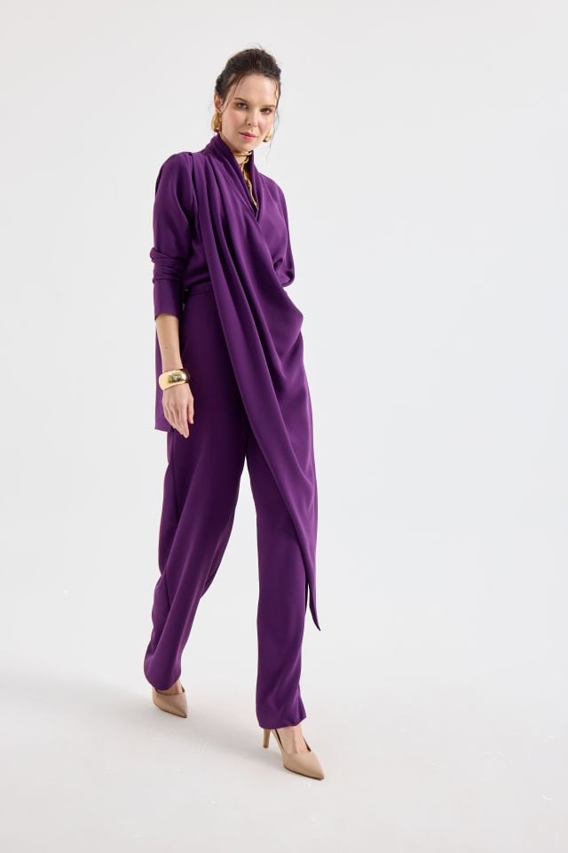 ANVELOP BAĞLAMA DETAYLI ŞAL YAKA TULUM 44 - MOR