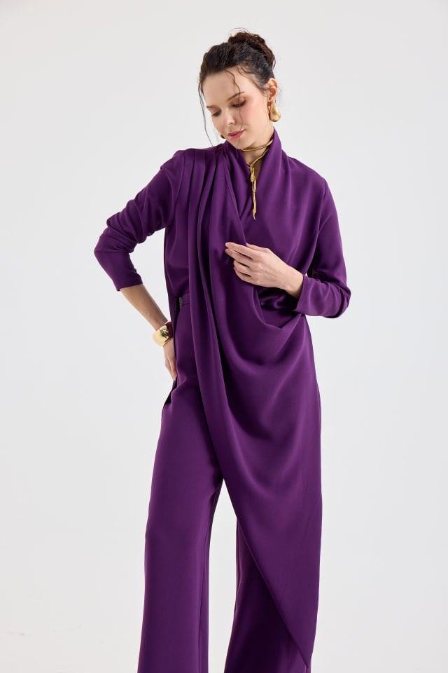 ANVELOP BAĞLAMA DETAYLI ŞAL YAKA TULUM 44 - MOR