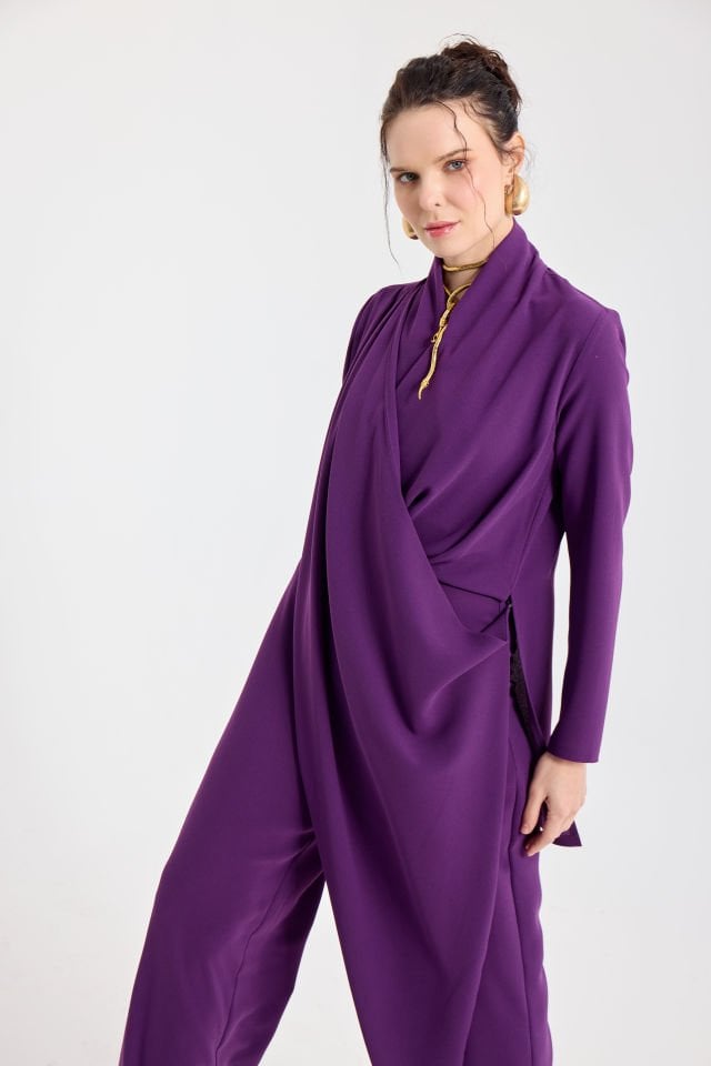 ANVELOP BAĞLAMA DETAYLI ŞAL YAKA TULUM 44 - MOR