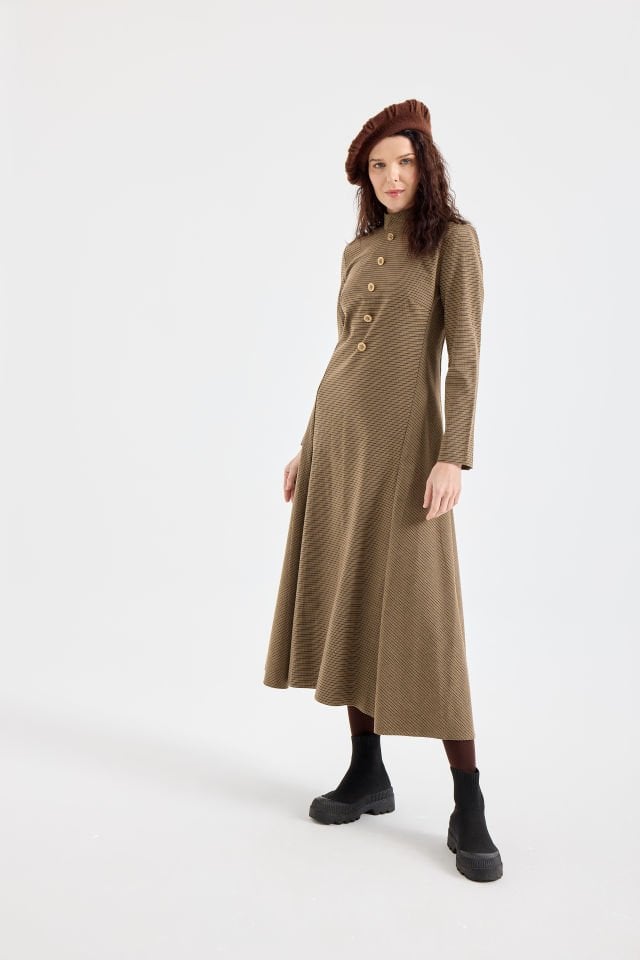 ÖNDEN DÜĞMELİ ELBİSE 44 - Kahverengi