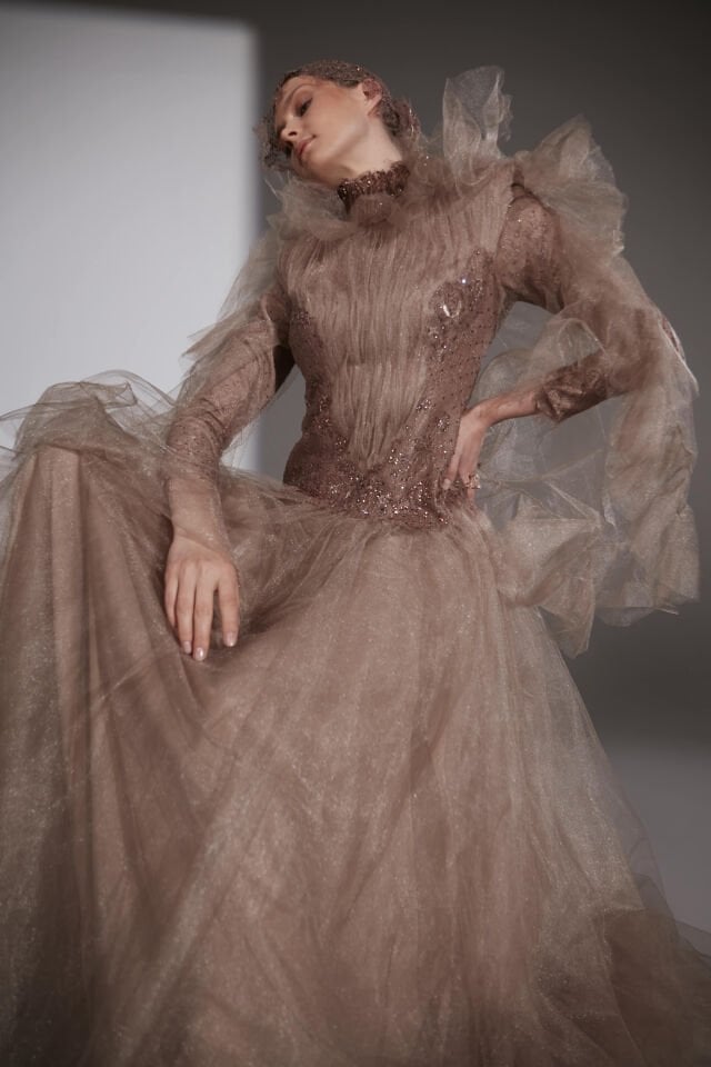 BAROK MODEL TÜL ABİYE M-0755 36 - SÜTLÜ KAHVE