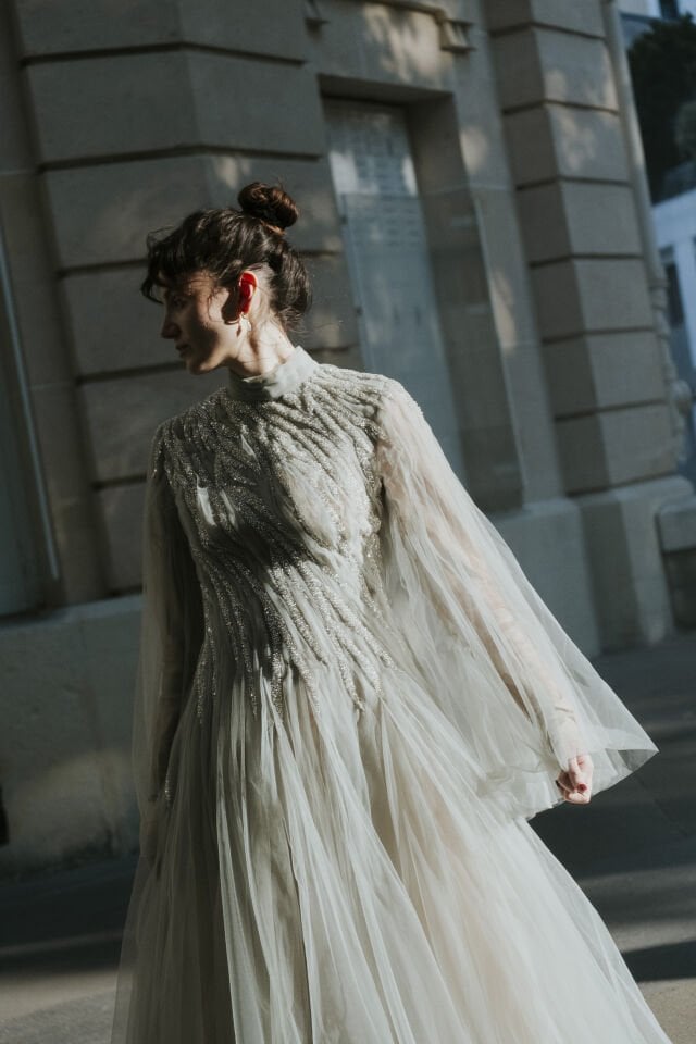 TRANSPARAN RENK GEÇİŞLİDRAPE DETAYLI TÜL ELBİSE 25H69 38 - yeşil