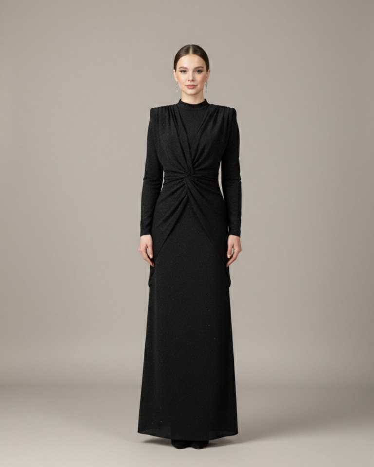 BELDEN DÜĞÜM DETAYLI OMUZDAN PELERİNLİ ELBİSE 25AB058 SİYAH - 46