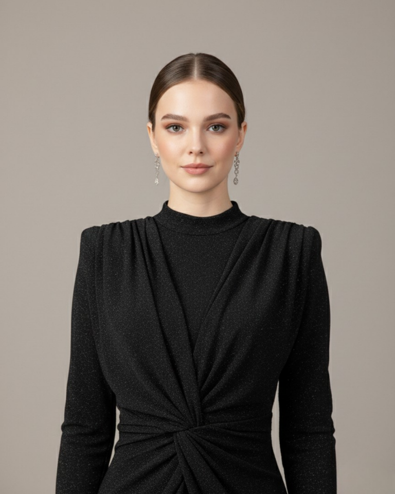 BELDEN DÜĞÜM DETAYLI OMUZDAN PELERİNLİ ELBİSE 25AB058 SİYAH - 46