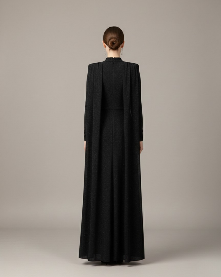 BELDEN DÜĞÜM DETAYLI OMUZDN PELERİNLİ ELBİSE 46