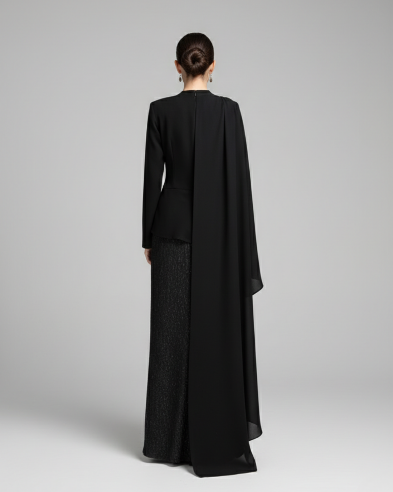 BELDEN DRAPELİ BROKAR ETEKLİ ELBİSE 25E037 SİYAH - 46