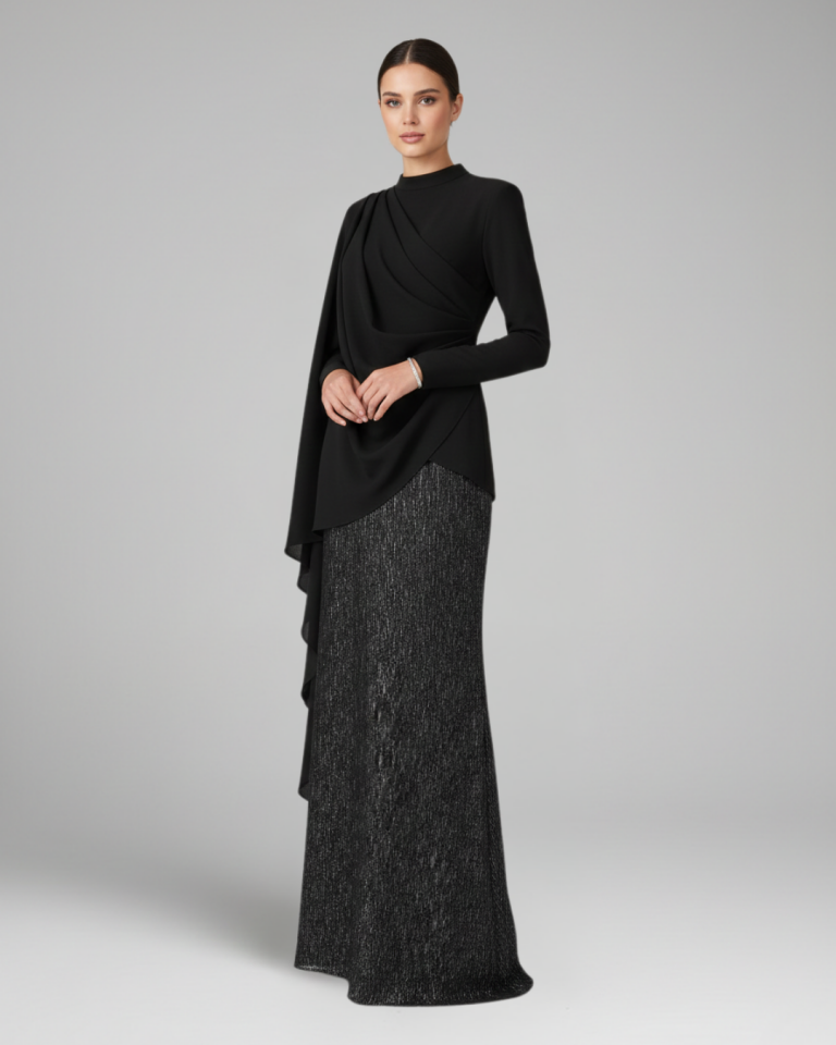 BELDEN DRAPELİ BROKAR ETEKLİ ELBİSE 25E037 SİYAH - 46