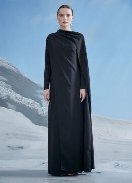 OMUZ BÜZGÜLÜ PELERİN DETAYLI ELBİSE 8027 SİYAH - 44