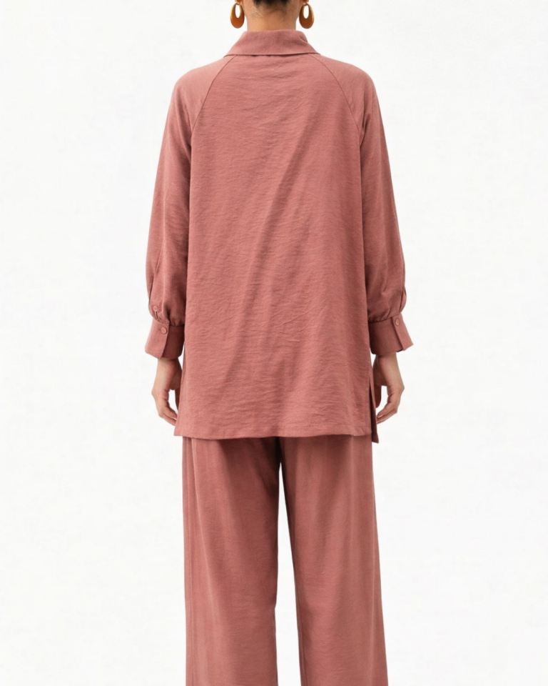 YAKASI ASİMETRİK GÖMLEK VE BELİ BÜZGÜLÜ ŞALVAR TAKIM 42