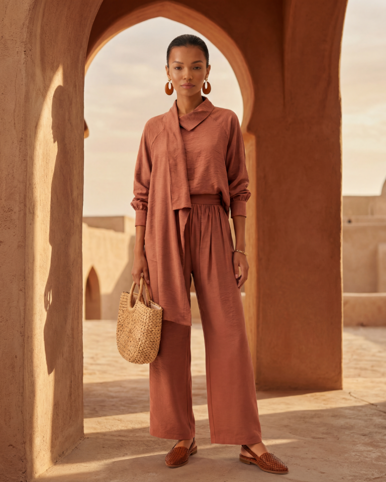 YAKASI ASİMETRİK GÖMLEK VE BELİ BÜZGÜLÜ ŞALVAR TAKIM 25TK059 44 - SÜTLÜ KAHVE