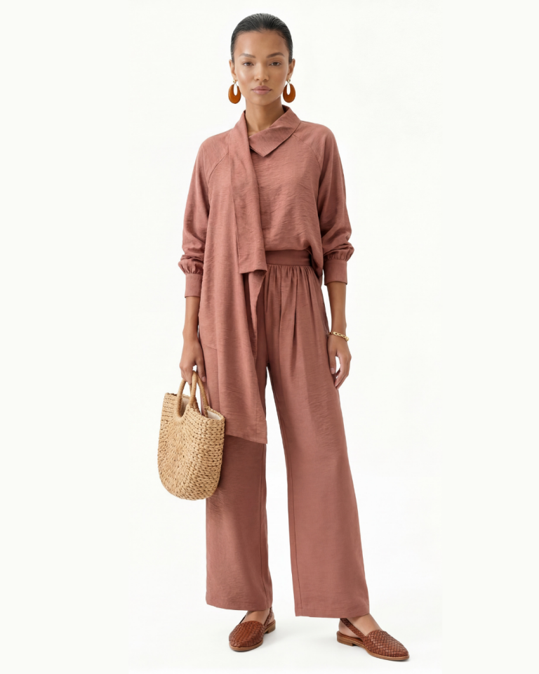 YAKASI ASİMETRİK GÖMLEK VE BELİ BÜZGÜLÜ ŞALVAR TAKIM 42