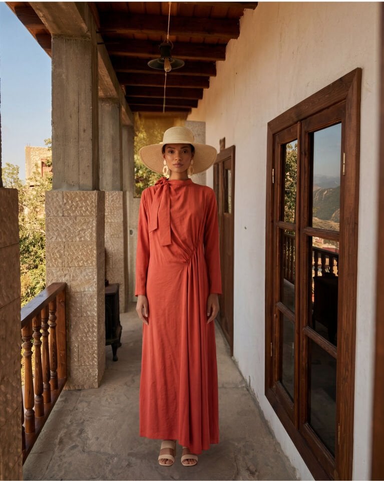 ÖNÜ ÇAPRAZ BÜZGÜLÜ ELBİSE TURUNCU - 46