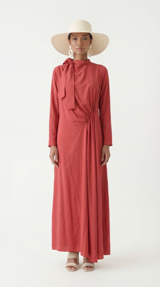 ÖNÜ ÇAPRAZ BÜZGÜLÜ ELBİSE TURUNCU - 46