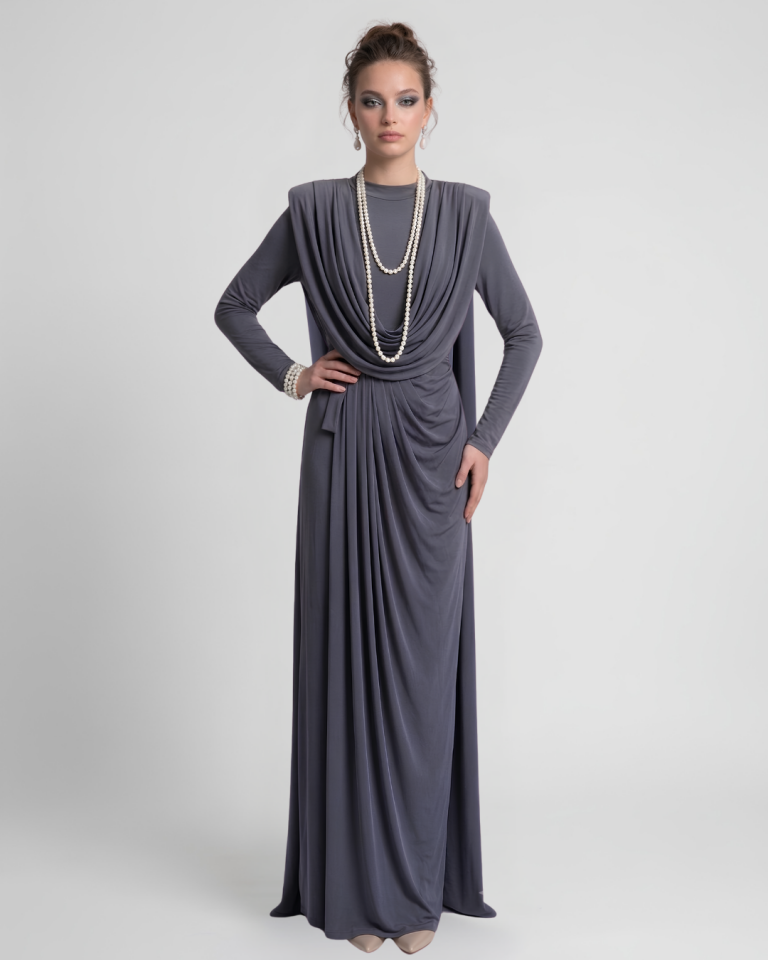 VATKA DETAYLI DEGAJE YAKA ELBİSE 9128 ANTRASİT - 38