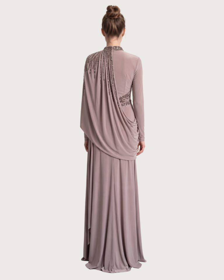 İŞLEMELİ DRAPE PELERİNLİ ABİYE ELBİSE 26H197