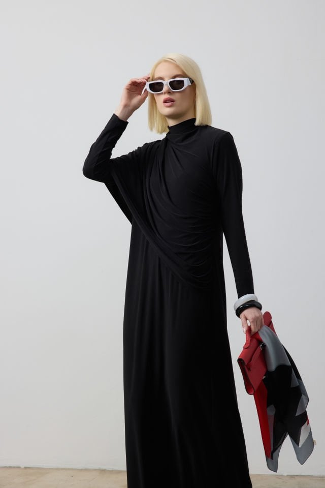 DRAPE VE ŞAL DETAYLI ELBİSE 44