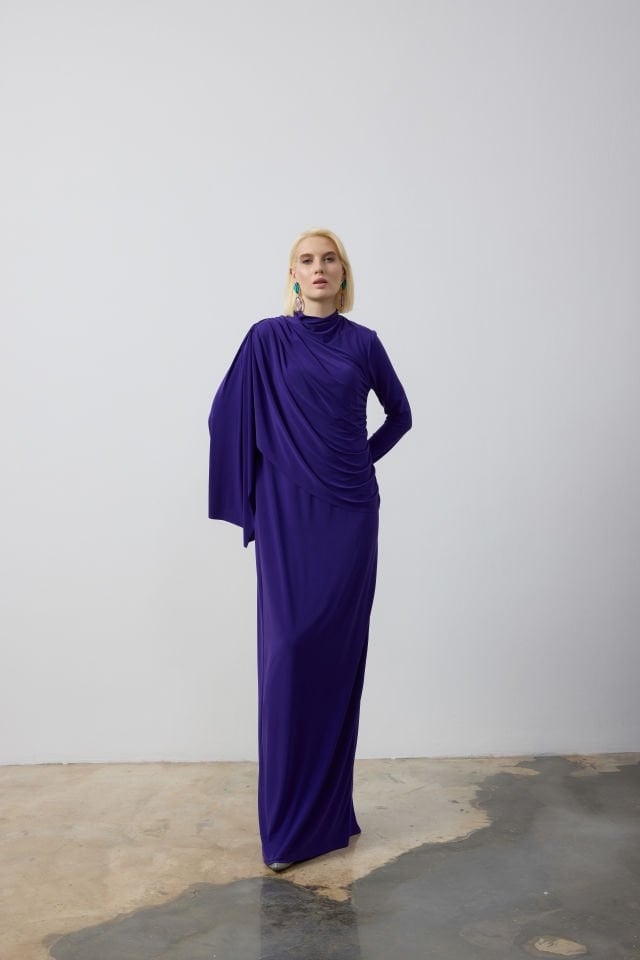 DRAPE VE ŞAL DETAYLI ELBİSE 9123 44 - MOR