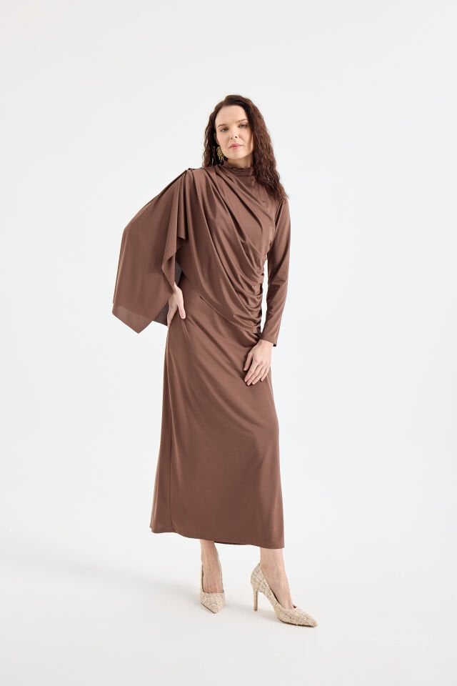 DRAPE VE ŞAL DETAYLI ELBİSE 9123 44 - MOR