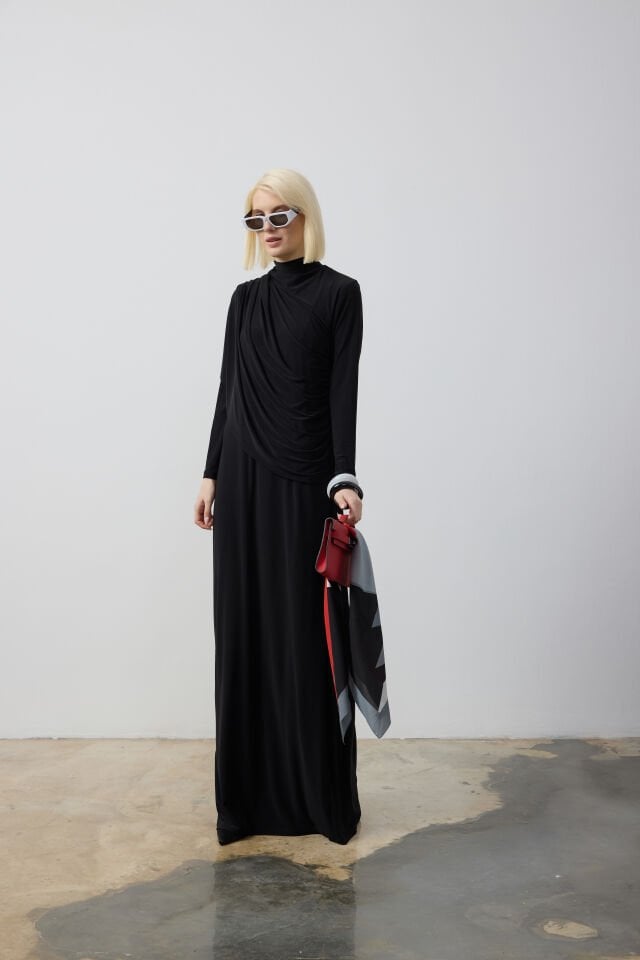 DRAPE VE ŞAL DETAYLI ELBİSE 9123 44 - MOR