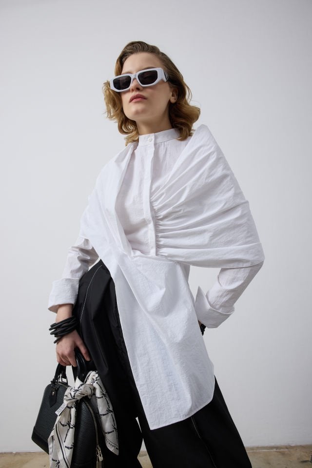 DOLAMA DETAYLI GÖMLEK ŞALVAR KESİM PANTALON TAKIM 44