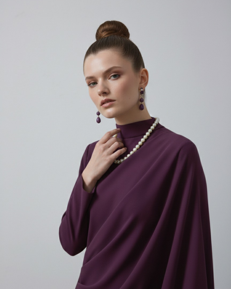 ÖN DRAPE DETAYLI TEK TARAFI YARASA KOL ELBİSE 9127