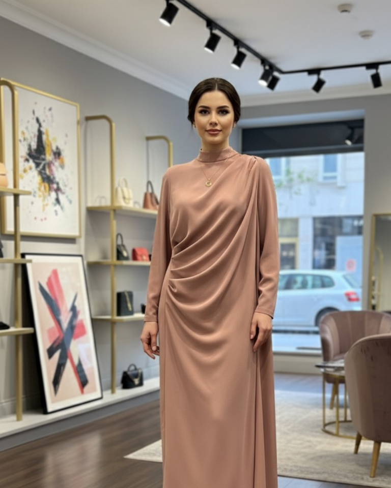 ÖN DRAPE DETAYLI TEK TARAFI YARASA KOL ELBİSE 9127