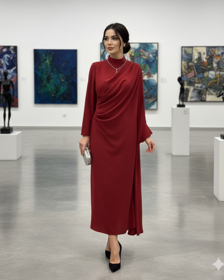 ÖN DRAPE DETAYLI TEK TARAFI YARASA KOL ELBİSE 9127