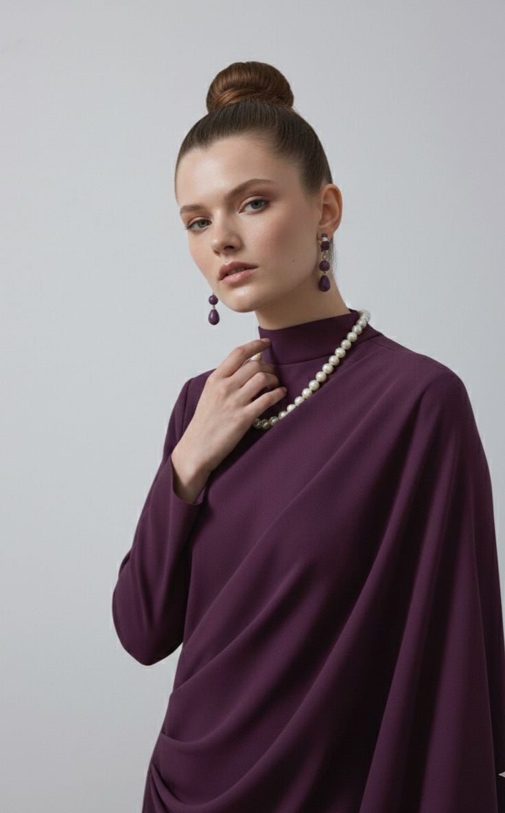 ÖN DRAPE DETAYLI TEK TARAFI YARASA KOL ELBİSE