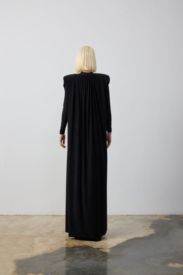 VATKA DETAYLI DEGAJE YAKA ELBİSE 44