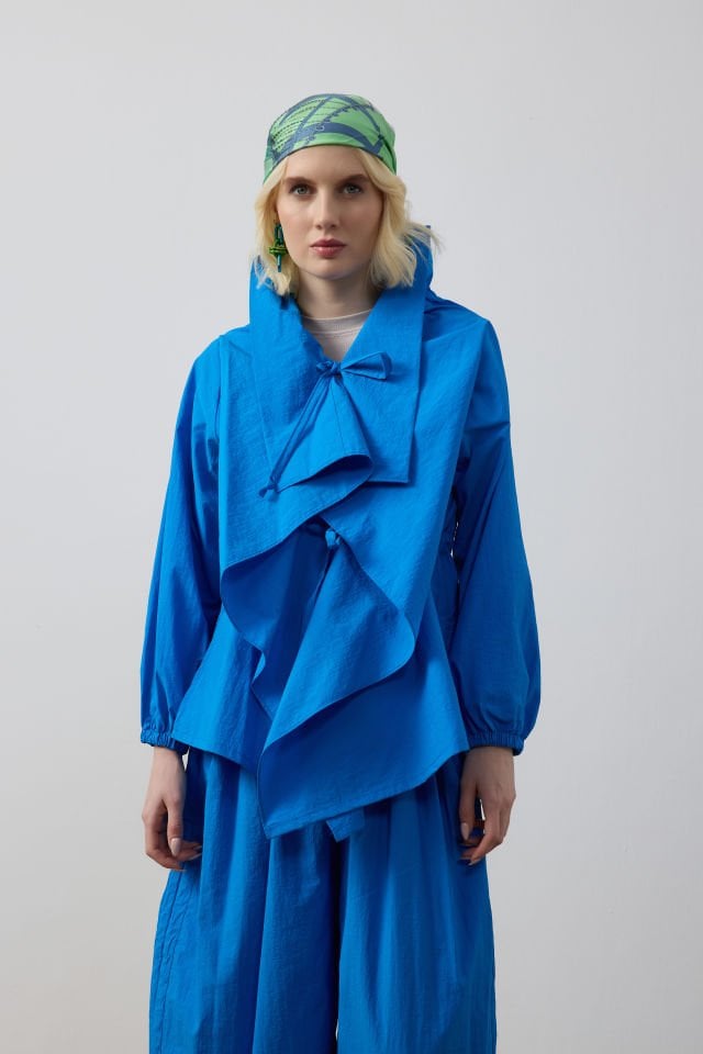 KOL LASTİKLİ BAĞCIK DETAYLI KAP ŞALVAR KESİM PANTOLON TAKIM