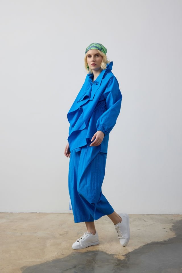 KOL LASTİKLİ BAĞCIK DETAYLI KAP ŞALVAR KESİM PANTOLON TAKIM 44