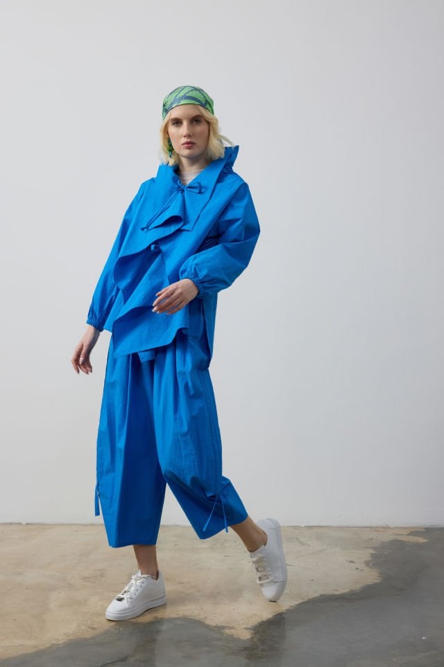 KOL LASTİKLİ BAĞCIK DETAYLI KAP ŞALVAR KESİM PANTOLON TAKIM