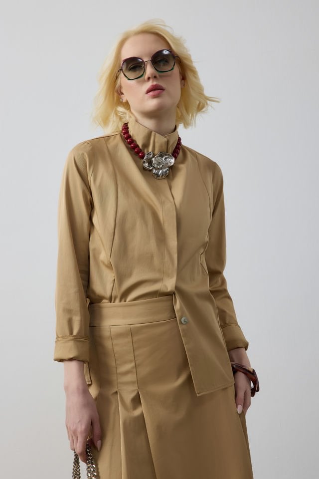 ÖNDEN PİLELİ PANTOLON ETEK GÖMLEK TAKIM 9159 CAMEL - 36