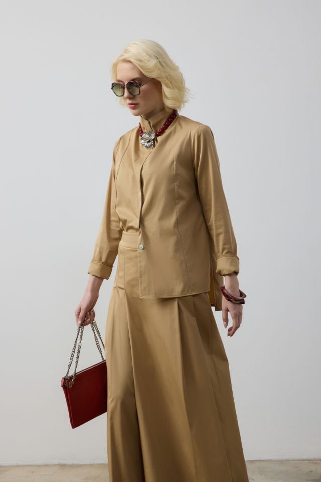 ÖNDEN PİLELİ PANTOLON ETEK GÖMLEK TAKIM 9159 CAMEL - 36