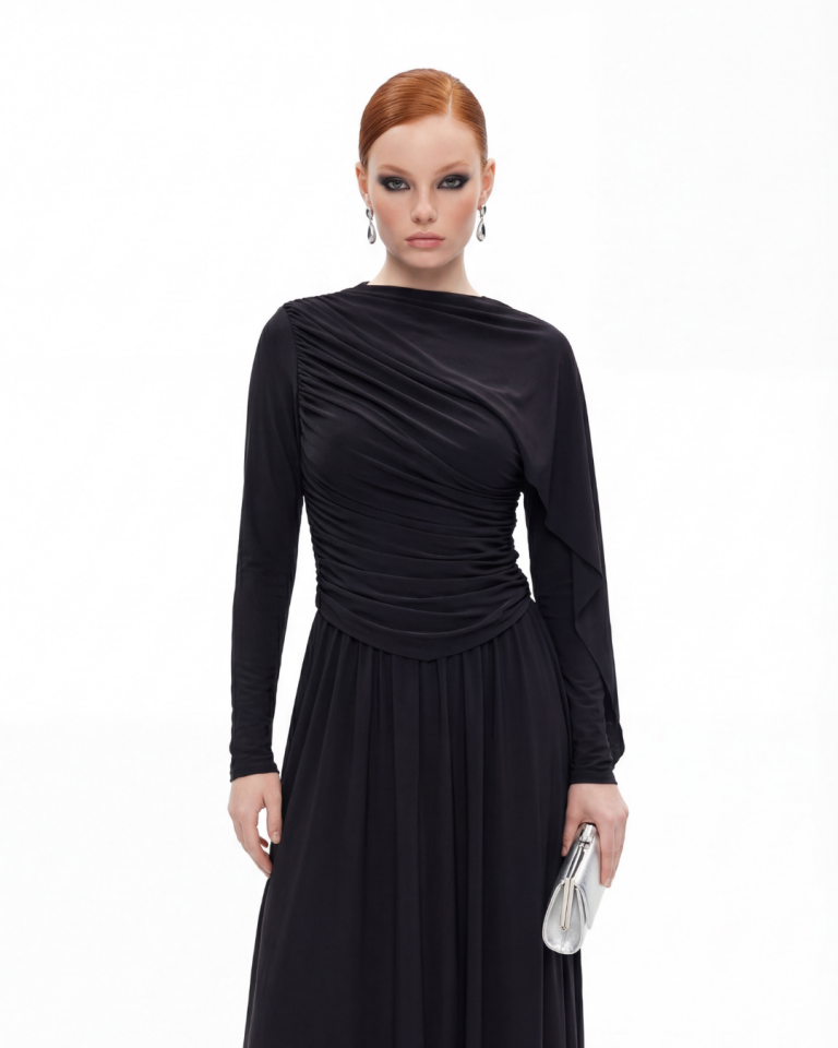 ÖNÜ VE ARKASI DRAPELİ ŞALLI ELBİSE 25AB063 44 - BORDO