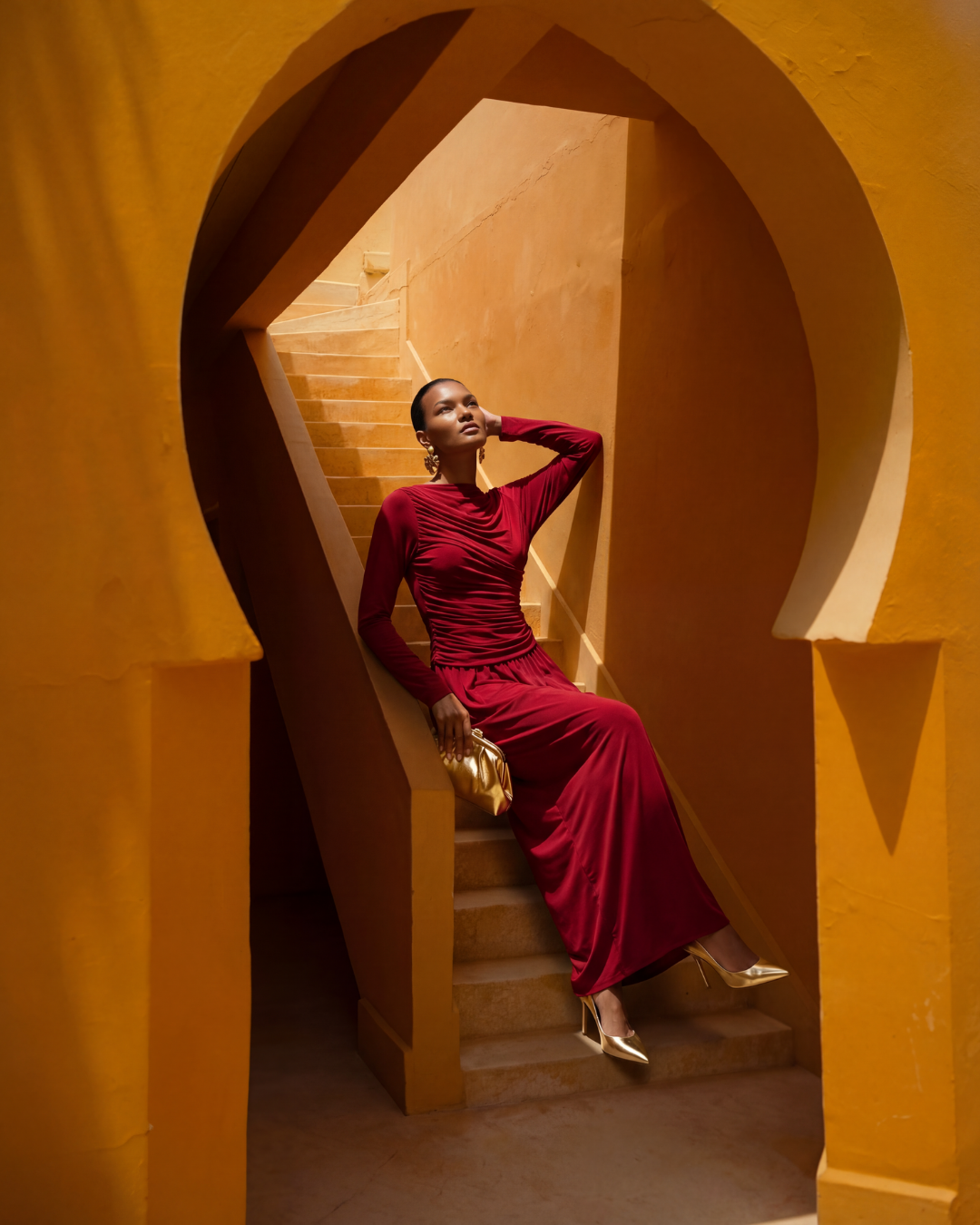 ÖNÜ VE ARKASI DRAPELİ ŞALLI ELBİSE 25AB063 44 - BORDO