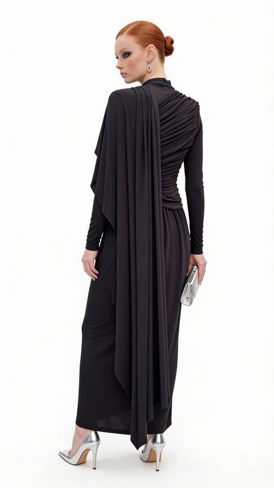 ÖNÜ VE ARKASI DRAPELİ ŞALLI ELBİSE 25AB063 44 - BORDO