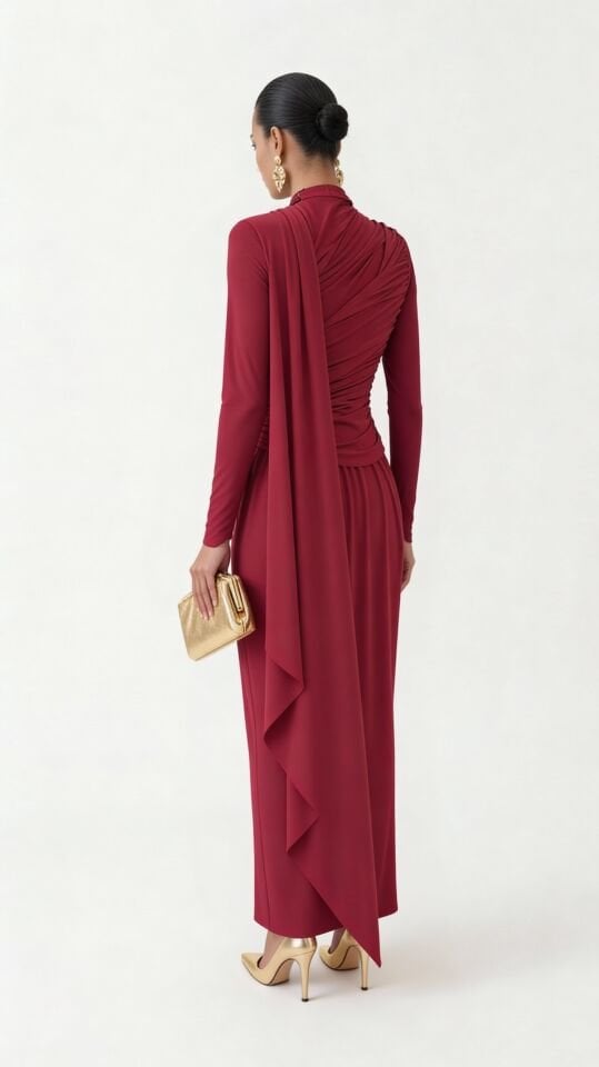 ÖNÜ VE ARKASI DRAPELİ ŞALLI ELBİSE 25AB063 44 - BORDO