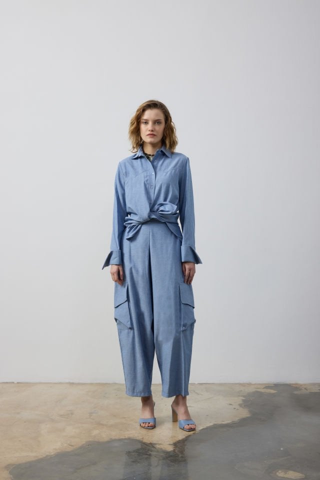 KARGO CEPLİ BOL PANTOLON ROBALI GÖMLEK TAKIM 38