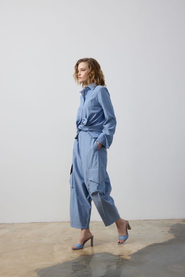 KARGO CEPLİ BOL PANTOLON ROBALI GÖMLEK TAKIM 38