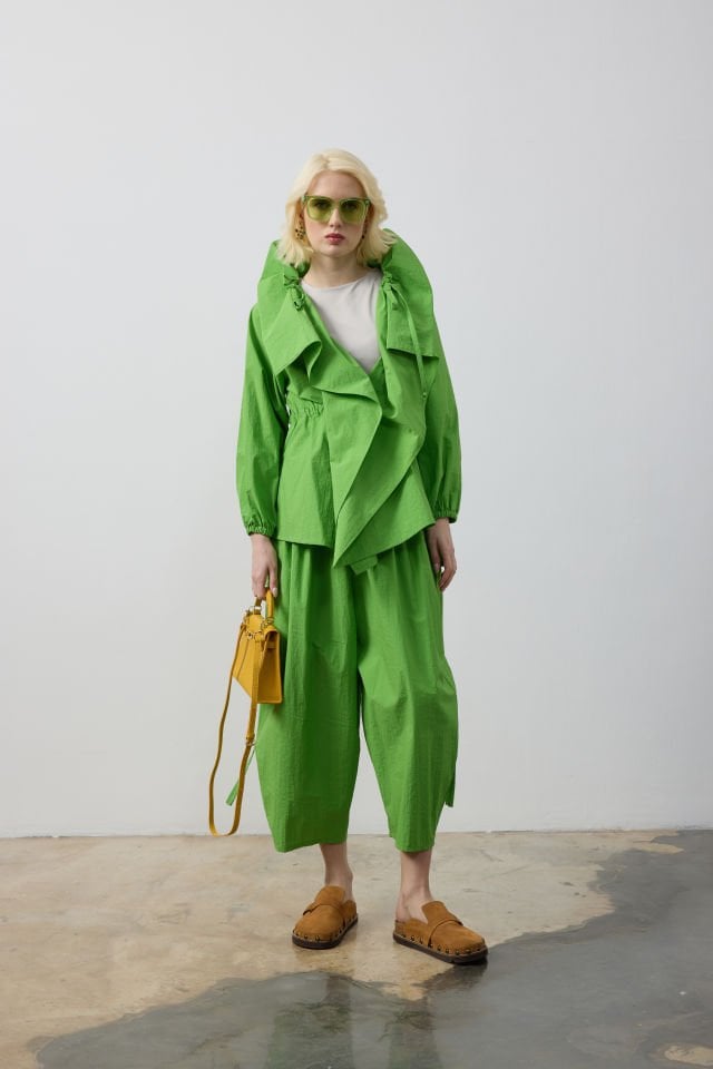 KOL LASTİKLİ BAĞCIK DETAYLI KAP ŞALVAR KESİM PANTOLON TAKIM