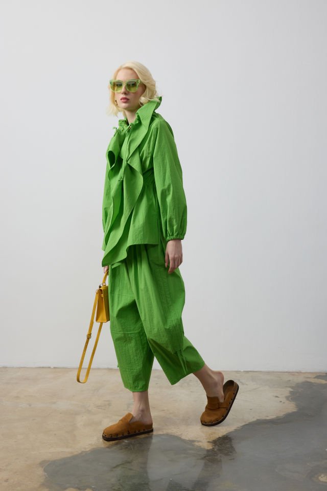 KOL LASTİKLİ BAĞCIK DETAYLI KAP ŞALVAR KESİM PANTOLON TAKIM 44