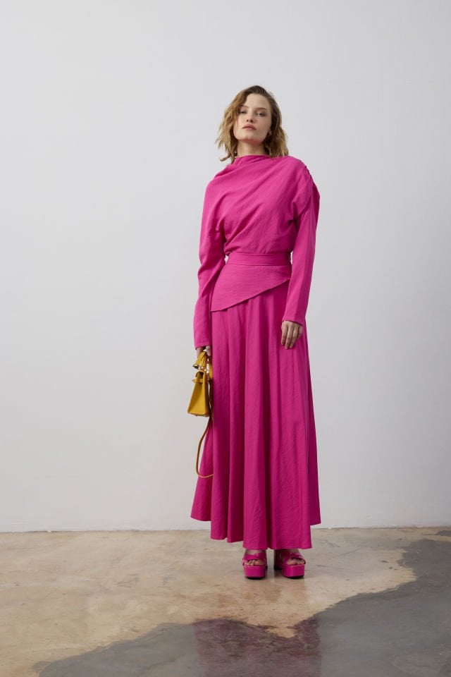 OMUZ BÜZGÜ DETAYLI BLUZ ETEK TAKIM 44