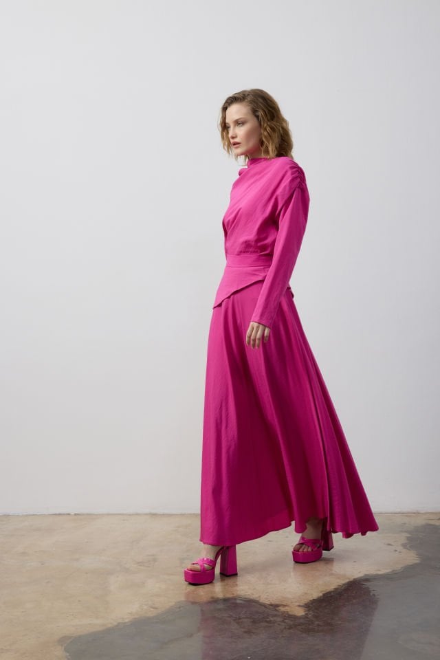 OMUZ BÜZGÜ DETAYLI BLUZ ETEK TAKIM 44