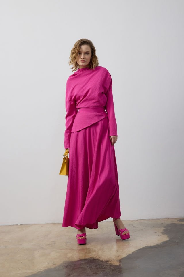 OMUZ BÜZGÜ DETAYLI BLUZ ETEK TAKIM 44