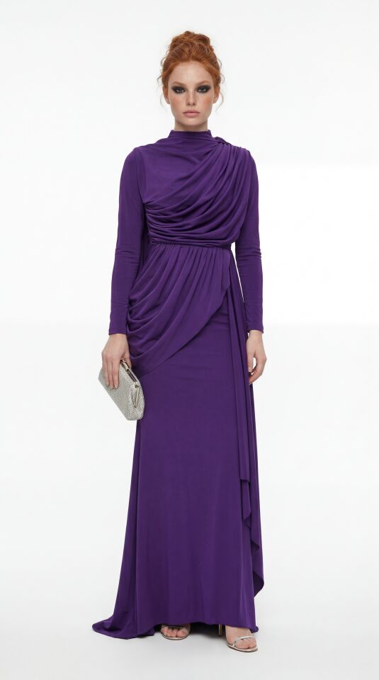 DRAPE PELERİNLİ ABİYE ELBİSE 25AB062 42 - MOR