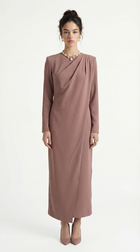 OMUZDAN BÜZGÜLÜ ÖNÜ KAPAKLI ELBİSE 38 - SÜTLÜ KAHVE