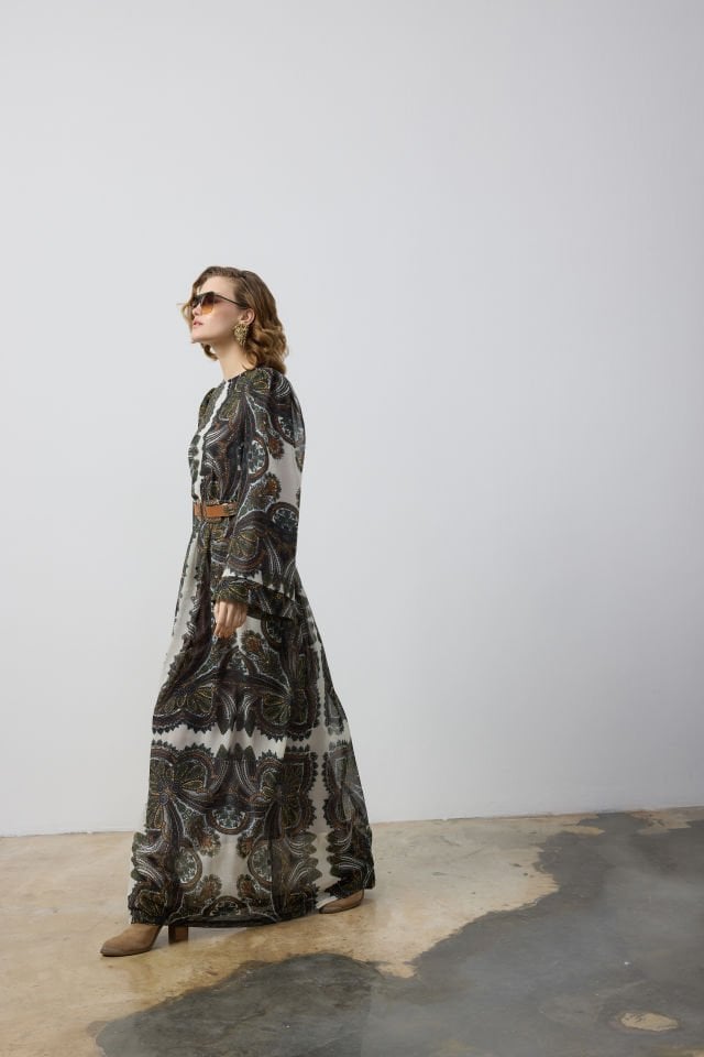 BOL KOLLU BELİ BÜZGÜLÜ ELBİSE 40