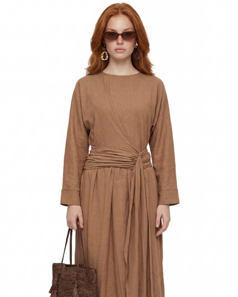 DRAPE KEMERLİ ELBİSE 42 - CAMEL